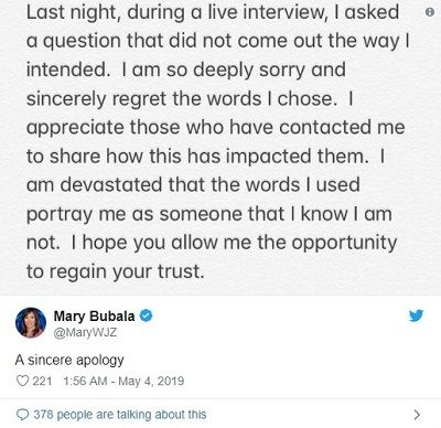 Mary Bubala issued an apology for her racial remark on Twitter