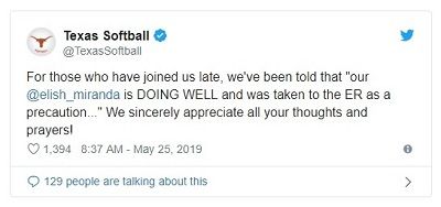Miranda Elish got injured and hospitalized during the NCAA Division I Super Regional game