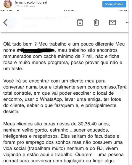 Fernanda Colombo received an immoral sexual proposal via Email