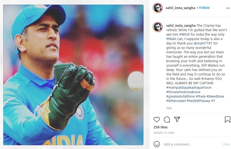 Sahil Sangha Wiki, Age (Dia Mirza's Husband) Bio, Family & Facts 20 Sahil Sangha paid tribute to Mahendra Singh Dhoni on his retirement