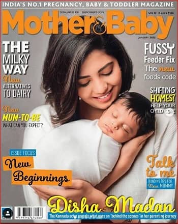 Disha Madan with her son on the cover page of mother baby
