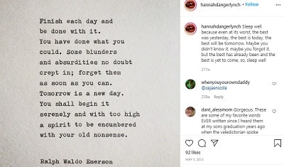 Hannah Lynch Wiki, Age (Dorinda Medley's Daughter) Biography & More 9 Hannah Lynch posted poem of Ralph Waldo Emerson on her Instagram account