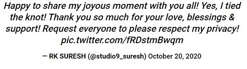 Madhu Wiki (RK Suresh's Wife) Age, Caste, Family, Biography & More 5 R. K. Suresh's tweet