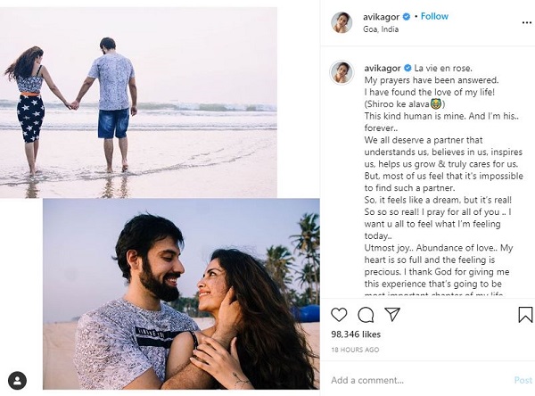 Milind Chandwani Wiki, Age, Girlfriend, Height, Family, Biography & More 2 Avika Gor's Instagram post