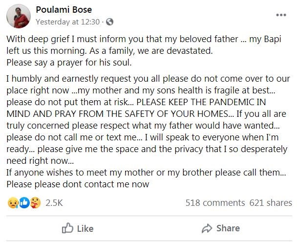 Poulami Bose Wiki, Age, Husband, Family, Biography & More 3 Poulami Bose's Facebook post