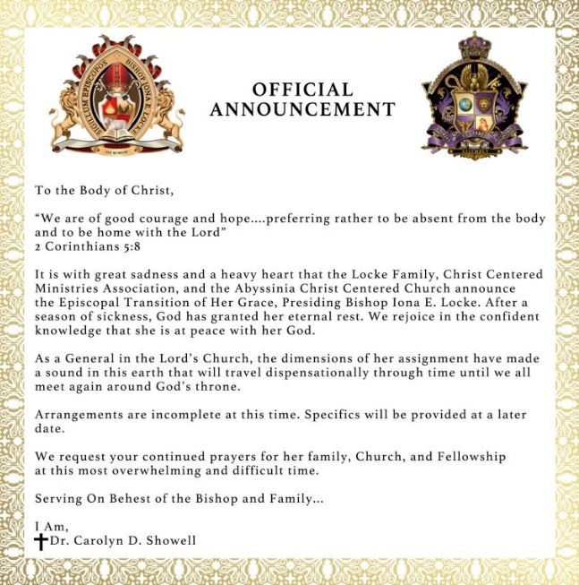 Bishop Iona Locke: Wiki, Age, Husband, Death, Family, Biography & More 3 Bishop Iona Locke's death announcement