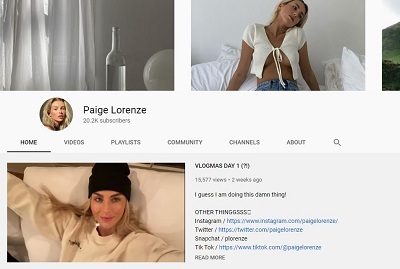 Paige Lorenze's Youtube channel with more than 20K subscribers
