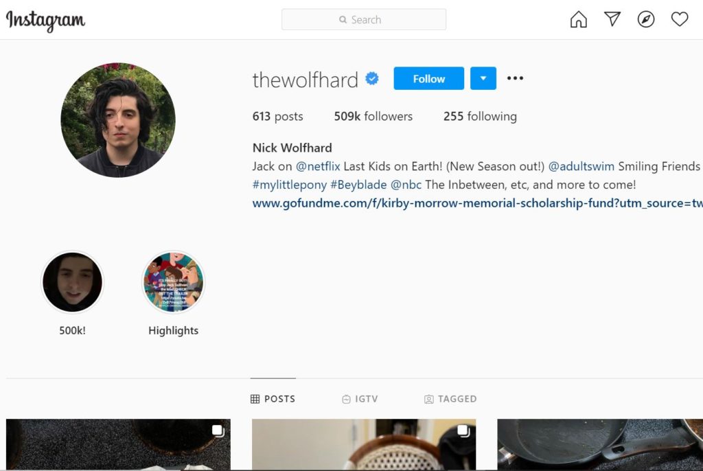 Nick Wolfhard Instagram account