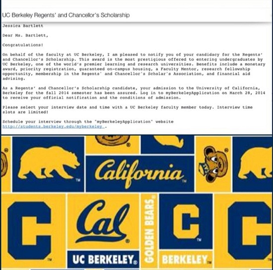 Jessica Bartlett got a scholarship for UC Berkeley