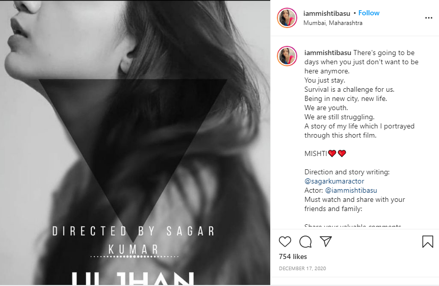 Mishti Basu: Wiki, Age, Height, Boyfriend, Net worth, Family, Biography & More 11 Mishti Basu short film uljhan