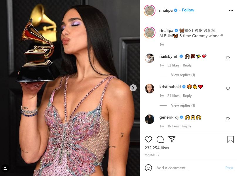 Rina Lipa sister Dua Lipa won 3rd Grammy Award