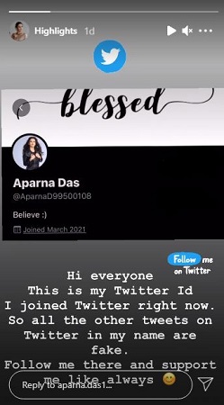 Aparna Das announcement regarding Twitter account.