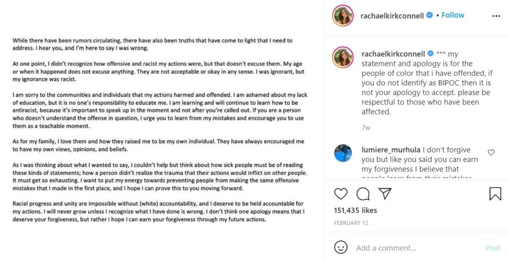 Rachael Kirkconnell said sorry for her racist behavior in the past