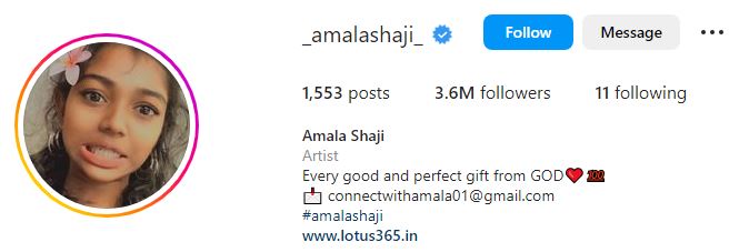 Amala Shaji Biography, Wiki, Height, Birthday, Family, Boyfriend, Net worth & More 11 Amala's Instagram account