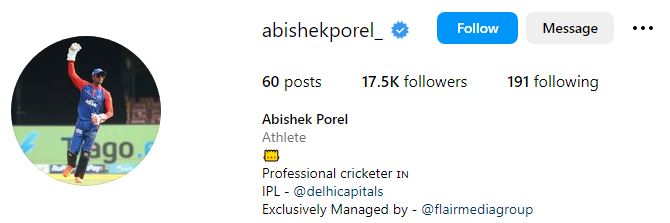 Abhishek Porel Height, Weight, Parents, Wiki, Age, Net Worth, Girlfriend, IPL Stats, Biography & More 11 Abishek Porel's Instagram account