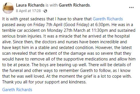 Gareth Richards (Comedian) Biography, Wiki, Wife, Net Worth, Family, Death & More 6 Gareth Richards's death confirmed by his wife Laura
