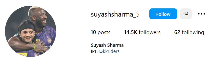 Suyash Sharma (Cricketer) Biography, Height, Weight, Age, Parents, Net Worth, Stats & Wiki 7 Suyash's Instagram account