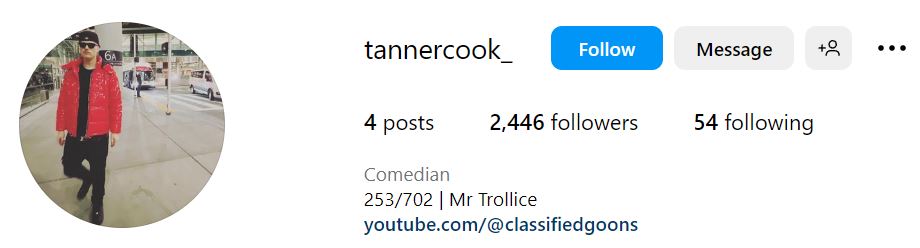 Who is Tanner Cook? Wiki, Biography, Family & Facts About Prank YouTuber 9 Tanner's Instagram account