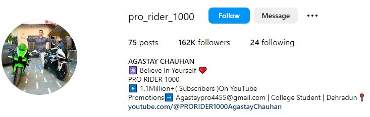 Agastya Chauhan Wiki (Pro Rider 1000) Age, Girlfriend, Family, Death, Net Worth, Height & More 10 Agastya's Instagram account
