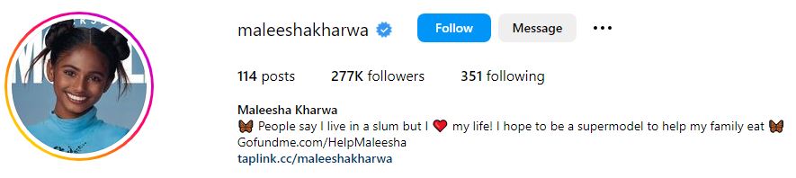 Maleesha Kharwa's Instagram account