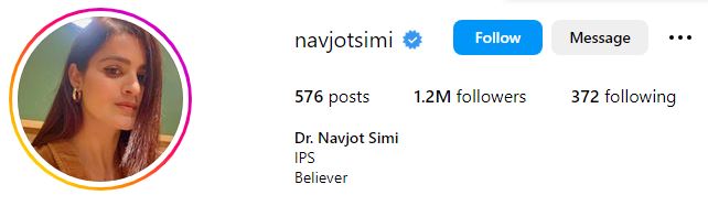Navjot Simi (IPS Officer) Biography, Age, Husband, Parents, Education, Salary, Marksheet, Wiki & More 9 Navjot's Instagram account