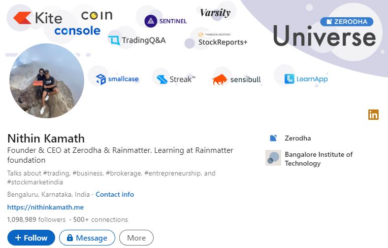 Nithin Kamath (Zerodha) Wiki, Age, Net Worth, Wife, Education, Family, Biography & More 6 Nithin Kamath's LinkedIn account
