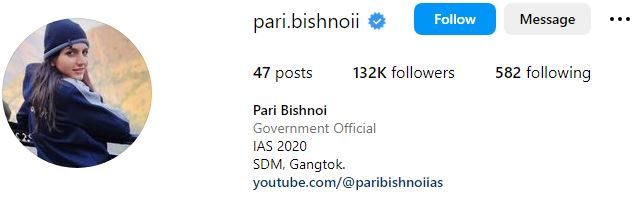 Pari Bishnoi (IAS) Biography, Age, Wiki, Husband, Parents, Education, Salary & More 12 Pari Bishnoi's Instagram account