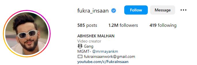 Abhishek Malhan (Fukra Insaan) Wiki, Age, Girlfriend, Bigg Boss OTT, Parents, Brother, Height, Wife, Net worth & More 11 Abhishek Malhan's Instagram account