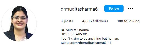 Mudita Sharma (IAS) Wiki, Age, Birthday, Boyfriend, Parents, Salary, UPSC Biography & Facts 9 Mudita's Instagram account