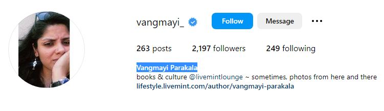 Parakala Vangmayi Wiki (Nirmala Sitharaman's Daughter), Age, Husband, Family, Education, Biography & More 11 Parakala's Instagram profile