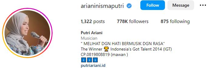 Putri Ariani Biography, Wiki, Age, Parents, Religion, Biodata, Songs, Nationality & More 10 Putri Ariani's Instagram account