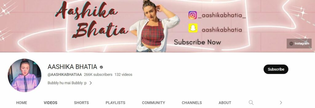 Aashika Bhatia WIKI: Age, Birthday, Weight, Height, Boyfriend, Parents, Biography & More 5 Aashika Bhatia Youtube channel