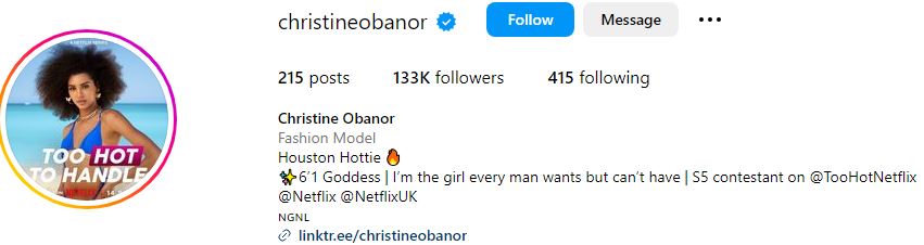 Christine Obanor's Instagram account