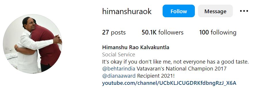 Himanshu Rao Wiki: K. T. Rama Rao's Son, Age, Family, Education, Biography & More 10 Himanshu's Instagram account