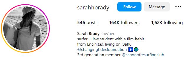 Sarah Brady (Surfer) Wiki, Biography, Parents, Boyfriend, Birthday, Age, Height & More 9 Sarah Brady's Instagram account
