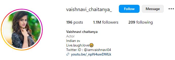 Vaishnavi Chaitanya's Instagram account