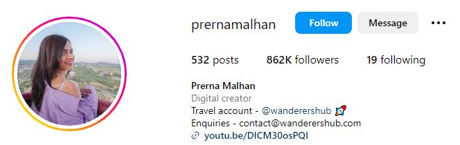 Prerna Malhan Age, Birthday, Husband, Family, Net Worth, BIO, Height & Wiki 11 Prerna Malhan's Instagram account
