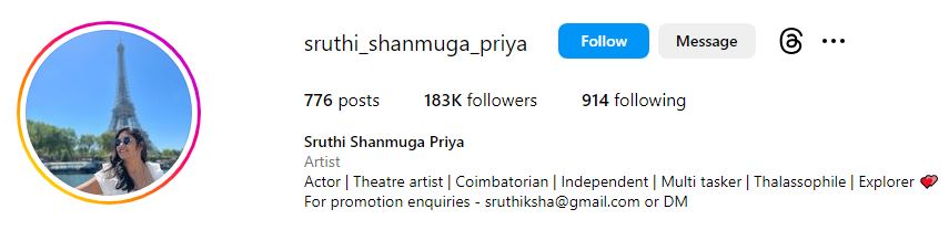 Sruthi Shanmuga's Instagram account