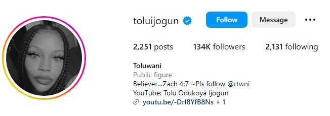 Tolu Odukoya Ijogun (Bimbo Odukoya's Daughter) Wiki, Age, Husband, Net worth, Parents, Siblings & More 8 Tolu Odukoya Ijogun's Instagram account