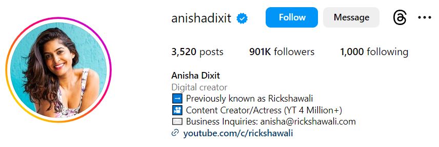 Anisha Dixit (Rickshawali) Husband, Boyfriend, Age, Height, Wiki, Family, Nationality & BIO 13 Anisha Dixit's Instagram account